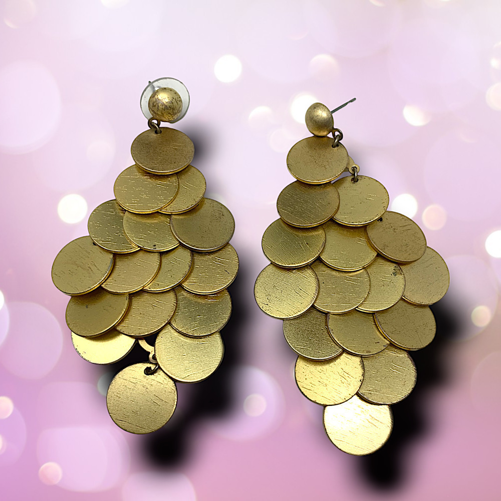 Vintage Y2K Gold Tone Dangle Fishscale Pierced Earrings Avant Garde Statement